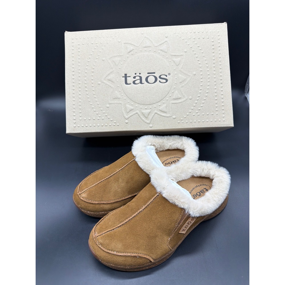 Taos Future Chestnut Suede Faux Fur Lined Slippers Mules FTR-14064 Womens 6 NEW